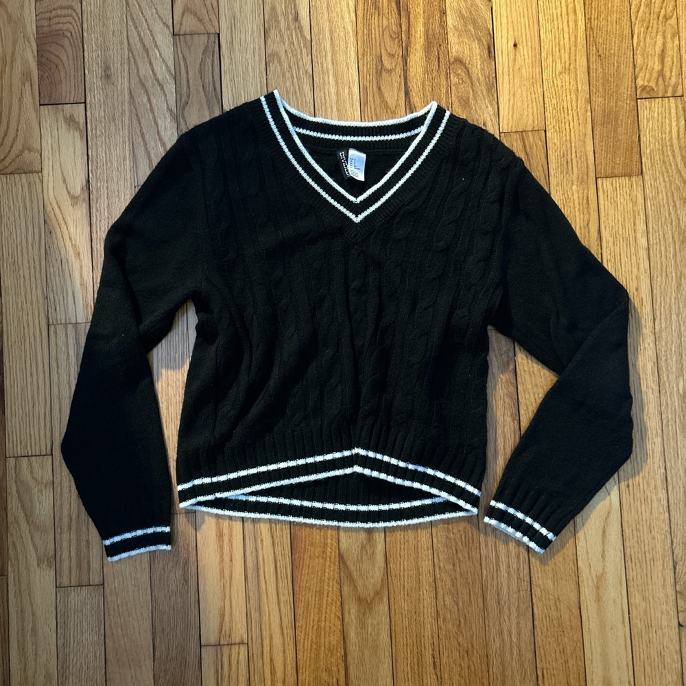 Divided Black V-Neck Sweater with White Trim